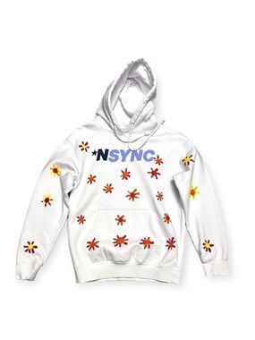 NSYNC Retro Boy Band Y2K White Hoodie Sweatshirt With Flowers Womens Medium